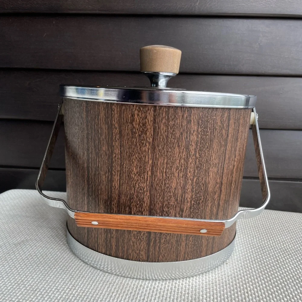 ATAPCO Vintage Ice Bucket Wood Grain With Handle and Lid